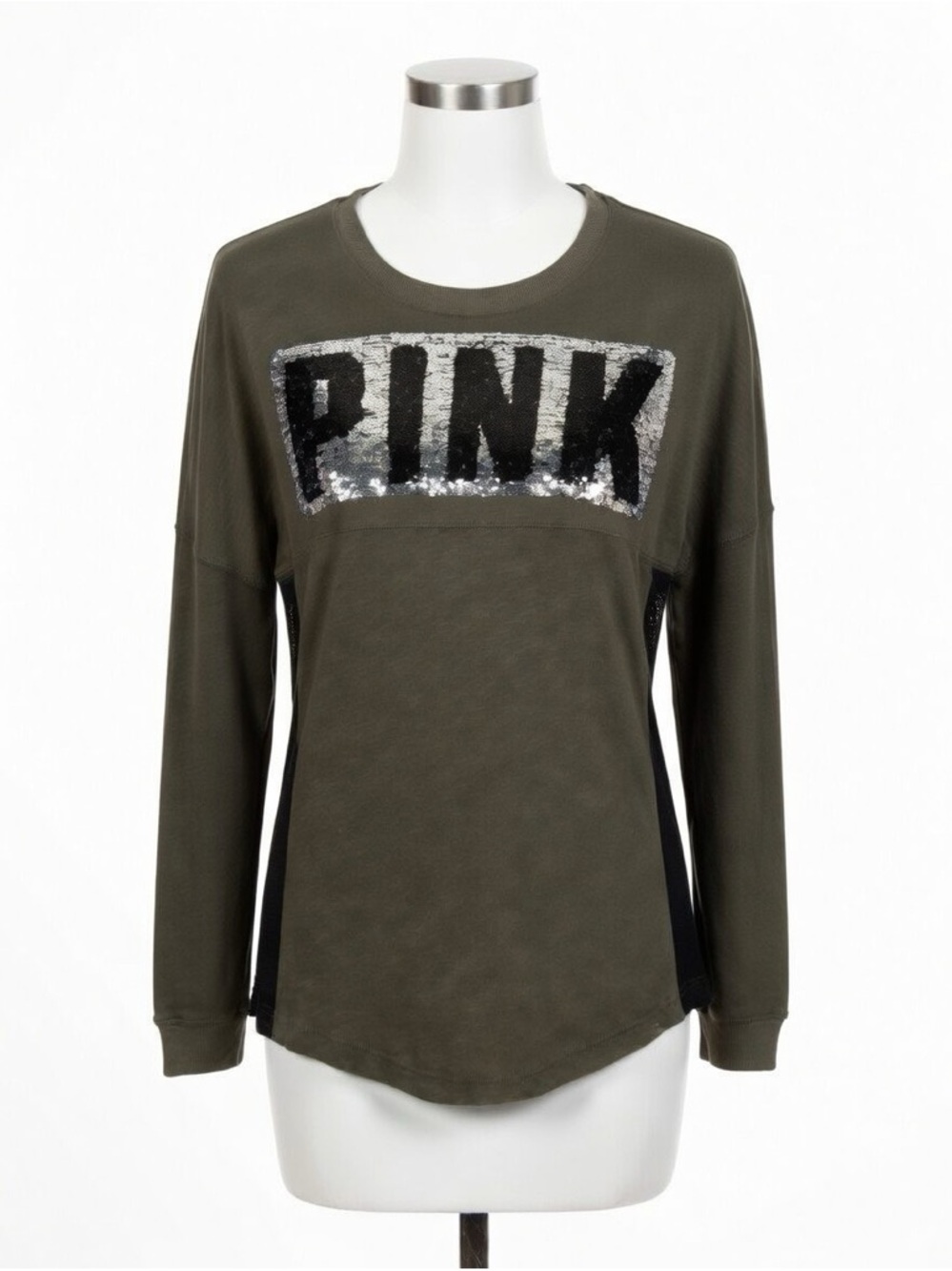 RARE Victoria's Secret PINK Varsity Bling Sequin XS Olive Green Long Sleeve Top